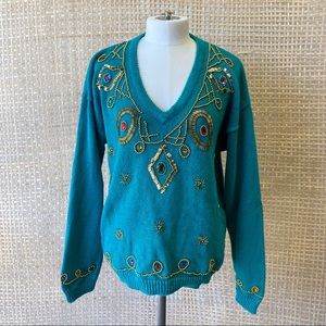 Vintage 80s Exclusive Imports size Medium Beaded V-Neck Sweater.